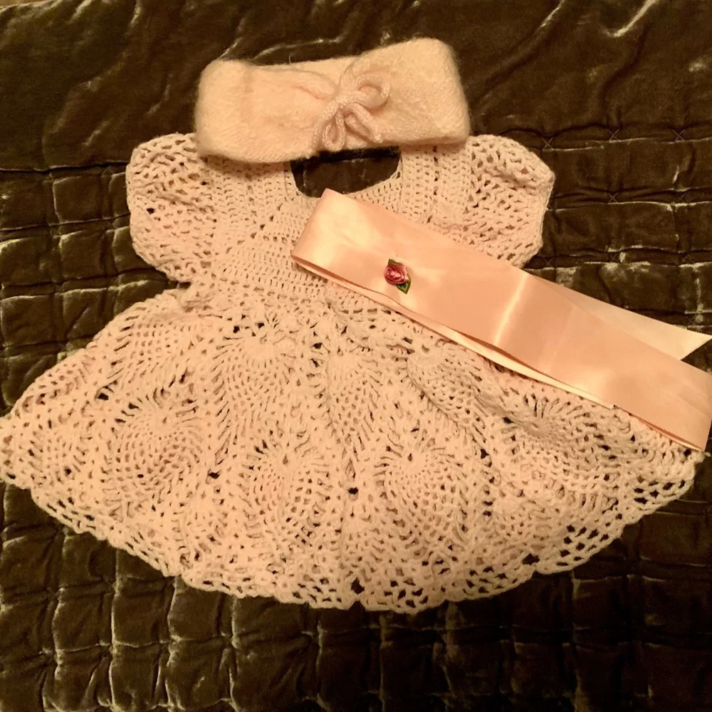 New-Handmade Beautiful Pink Crochet Dress Set for infant  girl. Headband inc.